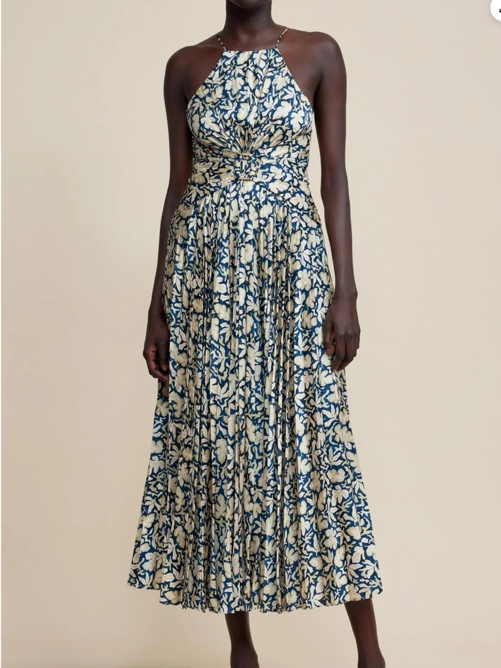 Acler Blue and Cream Floral Halter Midi Dress